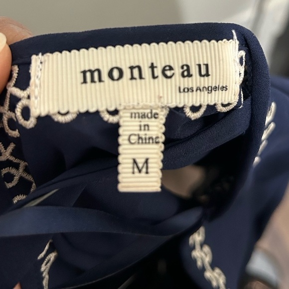 Women’s Navy Blue 3/4 Length Sleeve Crop Top with Cream Embroidery Detail - Picture 7 of 11